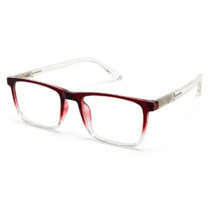 OP-0309 translucent crimson red to clear gradient rectangular plastic eyeglasses frame with transparent metal-core temples for women.