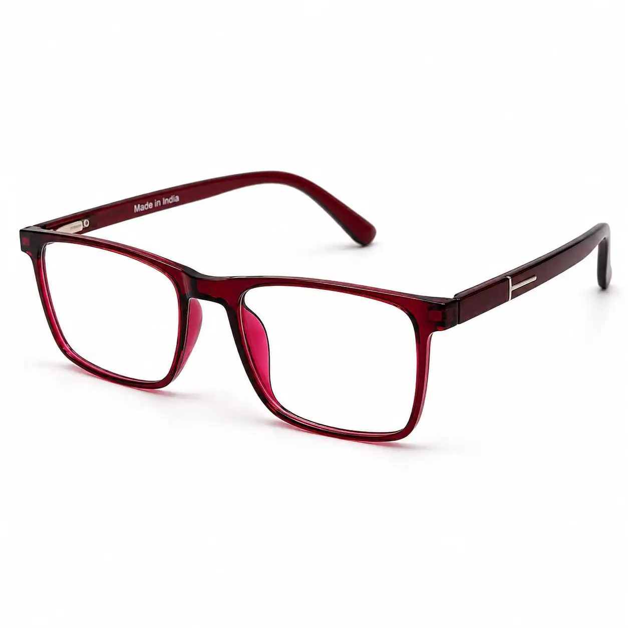 OP-0310 translucent crimson red rectangular plastic eyeglasses frame with silver T-hinge details for women.