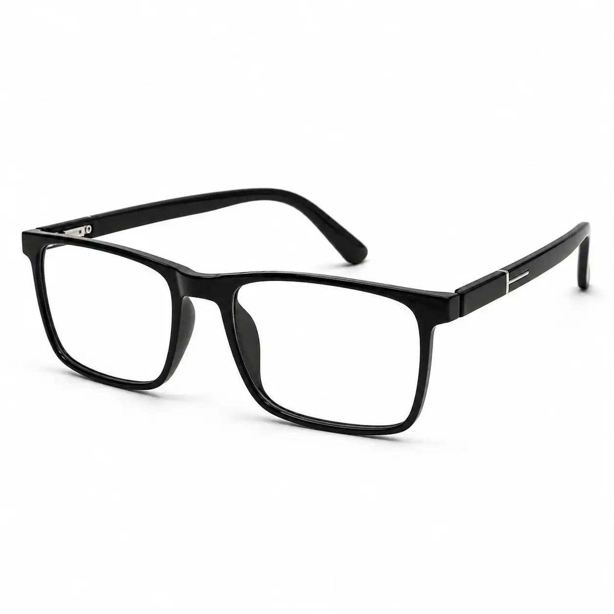 OP-0311 classic jet black rectangular plastic eyeglasses frame with silver T-hinge details for Men.