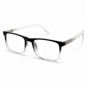 OP-0312 black to clear gradient rectangular plastic eyeglasses frame with transparent metal-core temples.