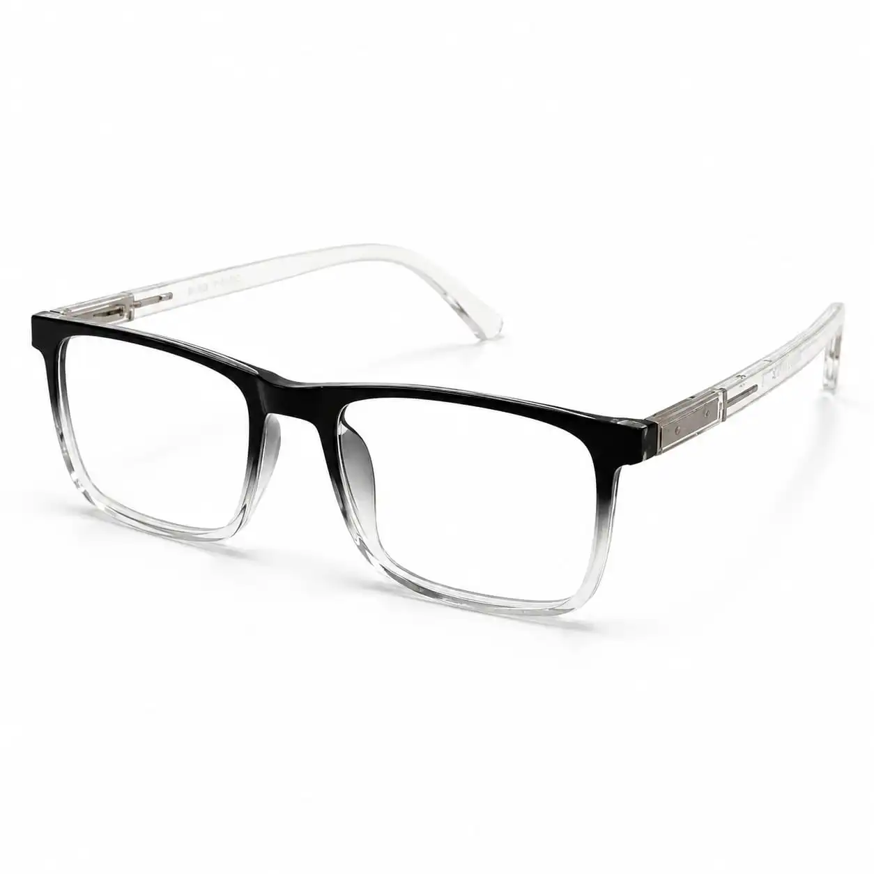 OP-0312 black to clear gradient rectangular plastic eyeglasses frame with transparent metal-core temples.