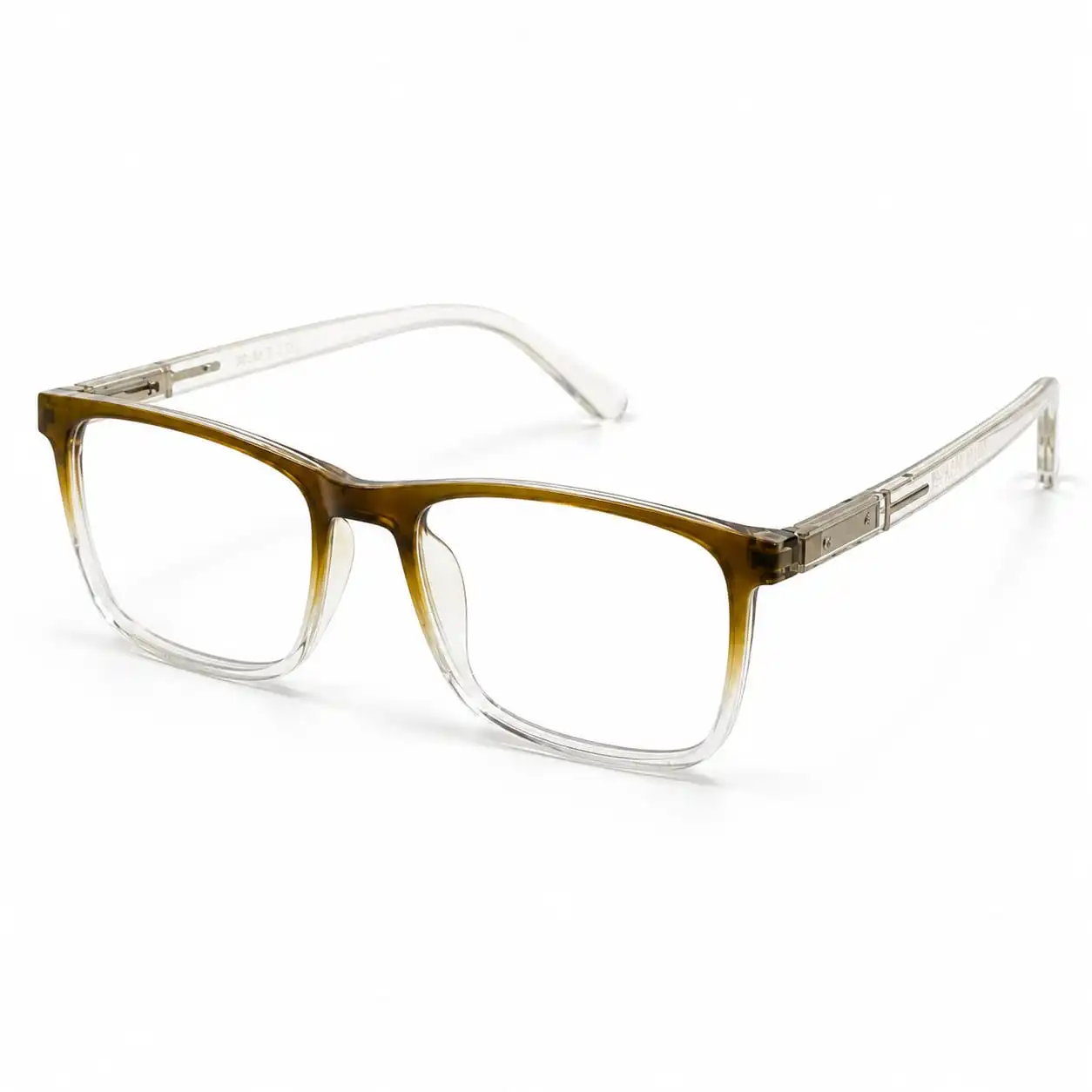 OP-0313 translucent olive green to clear gradient rectangular plastic eyeglasses frame with clear core-wire temples.