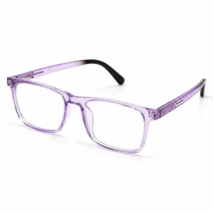 OP-0314 translucent crystal purple rectangular plastic eyeglasses frame with silver temple accents for women.