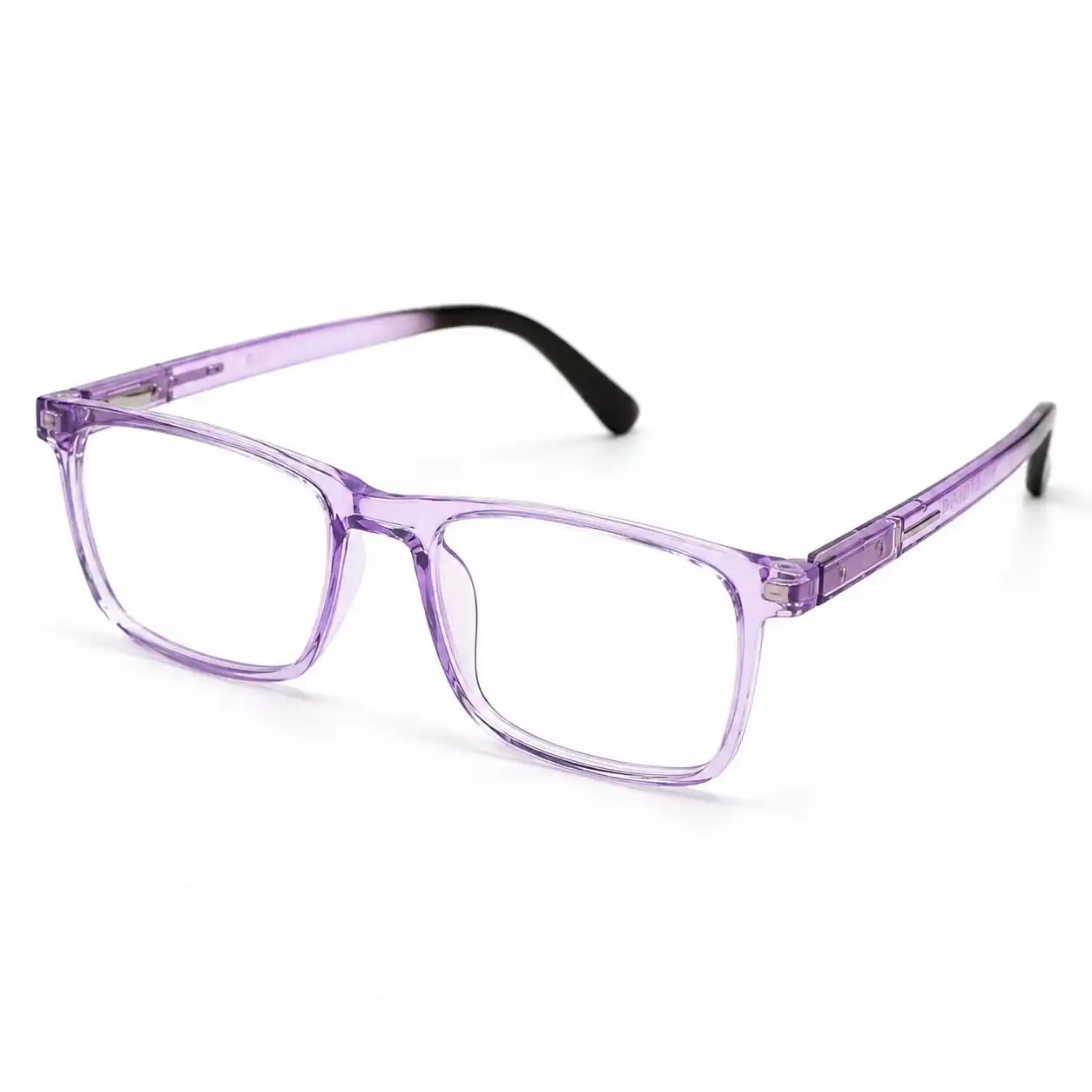 OP-0314 translucent crystal purple rectangular plastic eyeglasses frame with silver temple accents for women.