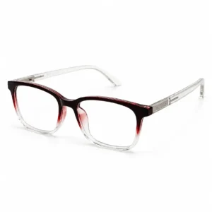 OP-0315 deep wine burgundy to clear gradient rectangular plastic eyeglasses frame with transparent core-wire temples.