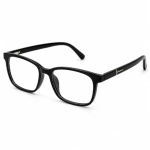 OP-0316 classic glossy black rectangular plastic eyeglasses frame with gold T-hinge accents for Men & Women.