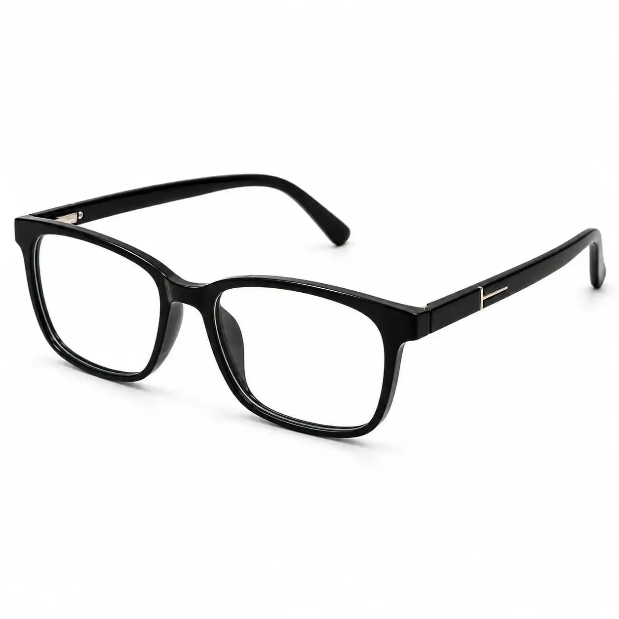 OP-0316 classic glossy black rectangular plastic eyeglasses frame with gold T-hinge accents for Men & Women.