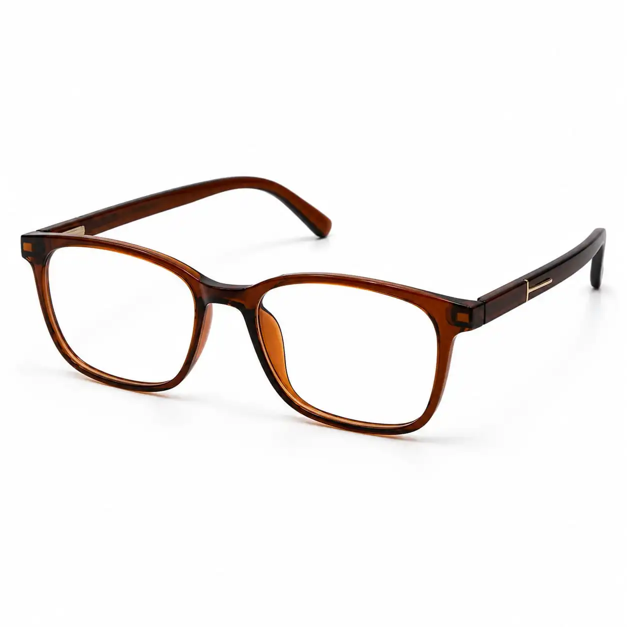 OP-0317 translucent amber brown rectangular plastic eyeglasses frame with gold T-hinge accents for Men & Women.