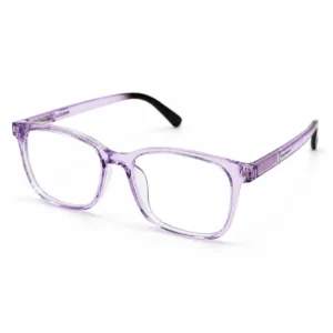 OP-0319 translucent lavender purple rectangular plastic eyeglasses frame with silver temple accents for women.