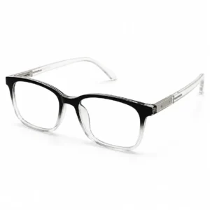 OP-0320 black to clear gradient rectangular plastic eyeglasses frame with visible metal core temples for Men & Women.