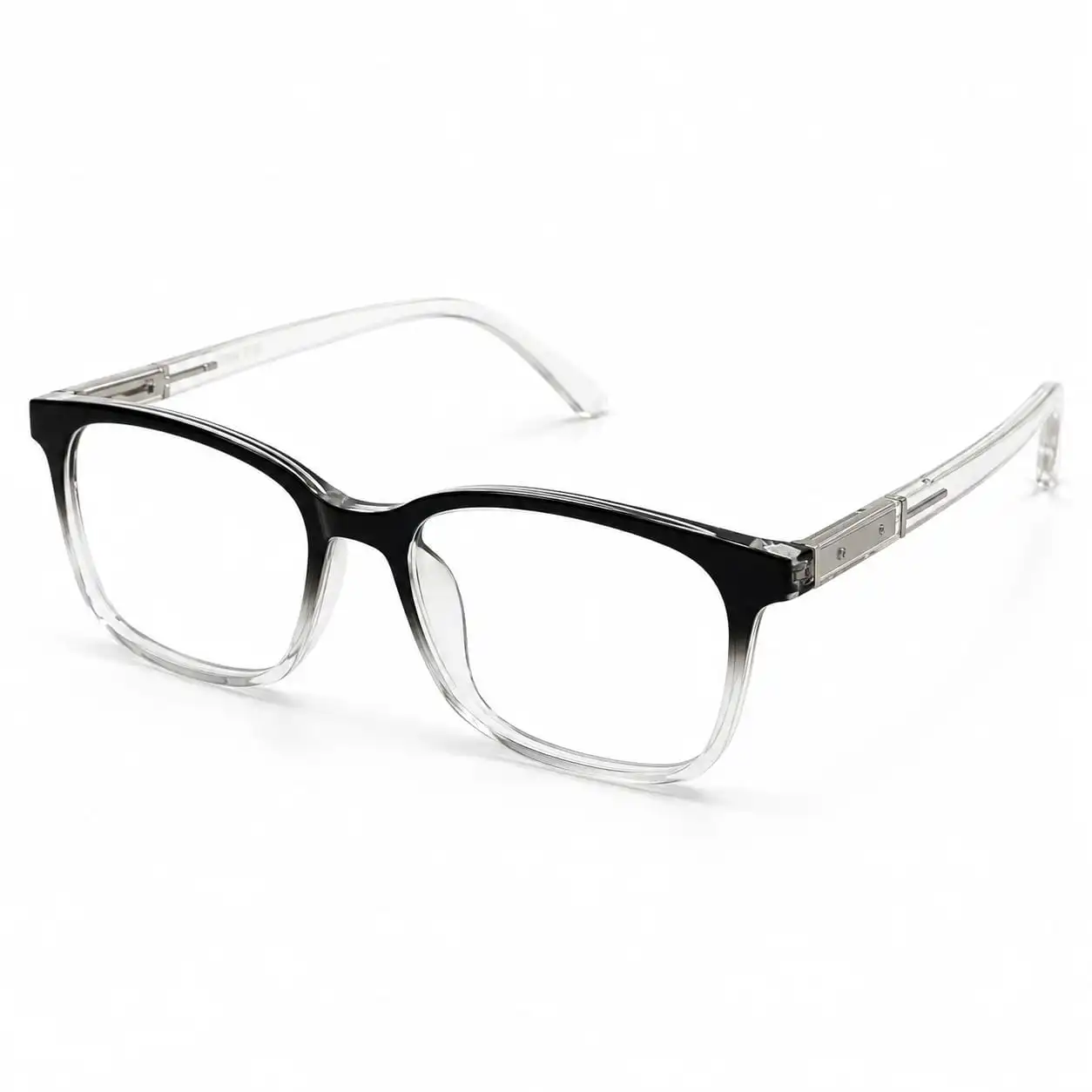 OP-0320 black to clear gradient rectangular plastic eyeglasses frame with visible metal core temples for Men & Women.