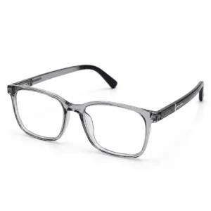 OP-0321 sleek translucent grey rectangular plastic eyeglasses frame with silver temple accents for Men & Women.