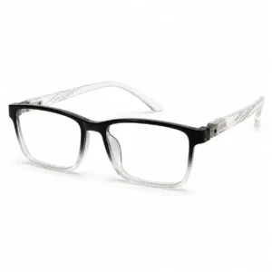 OP-0322 black to clear gradient rectangular plastic eyeglasses frame with textured crystal temples for Men & Women.
