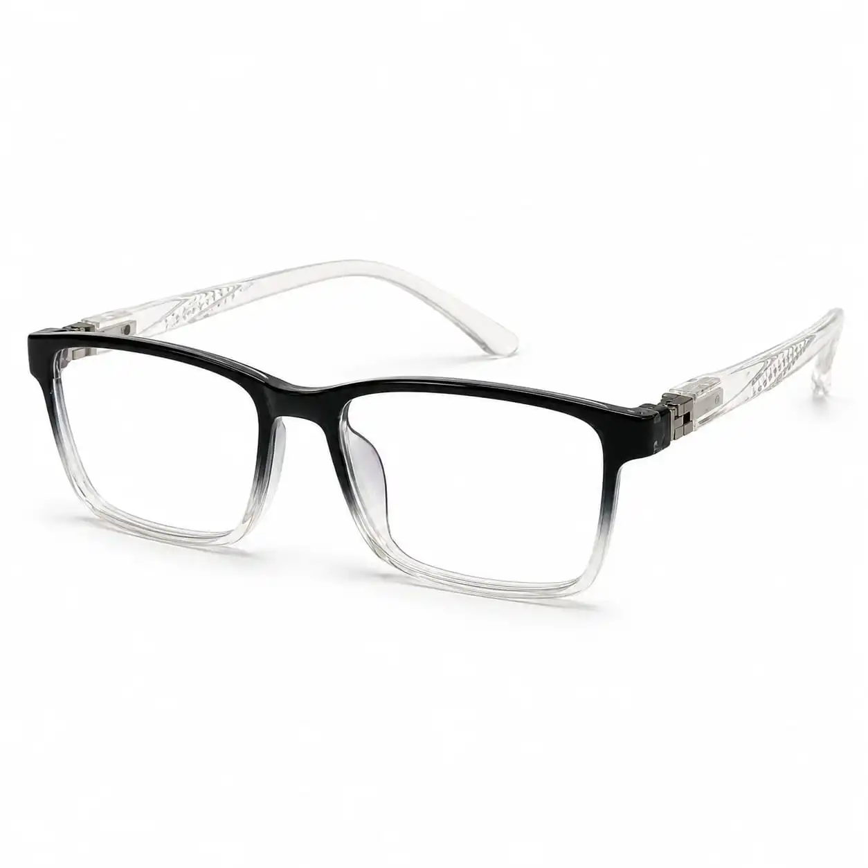 OP-0322 black to clear gradient rectangular plastic eyeglasses frame with textured crystal temples for Men & Women.