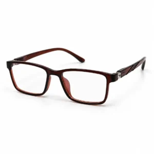 OP-0326 dark translucent brown rectangular plastic eyeglasses frame with textured temple detailing for Men & Women.