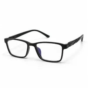 OP-0327 sleek black rectangular plastic eyeglasses frame with textured temple accents for Men & Women.