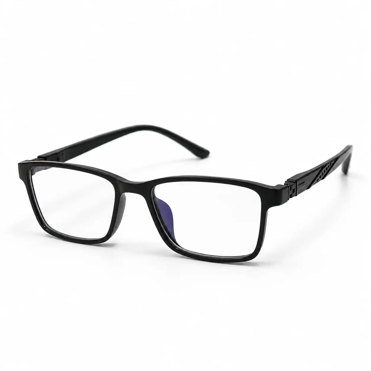 OP-0327 sleek black rectangular plastic eyeglasses frame with textured temple accents for Men & Women.