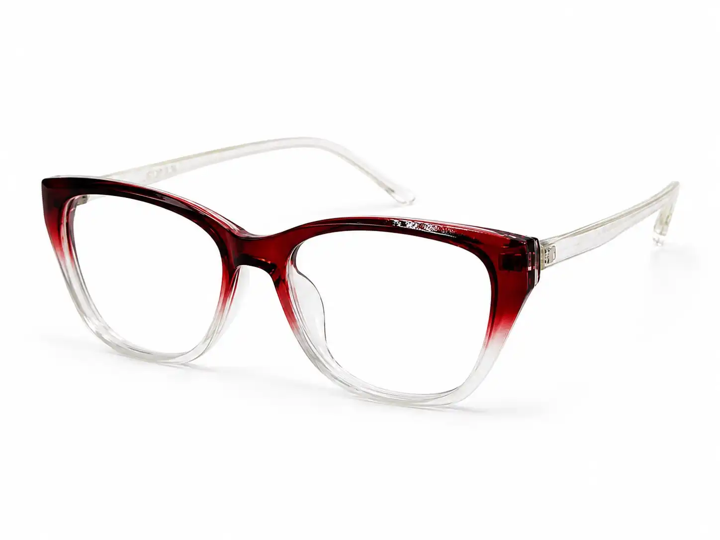 OP-0330 deep red to clear gradient cat-eye plastic eyeglasses frame for men & women.