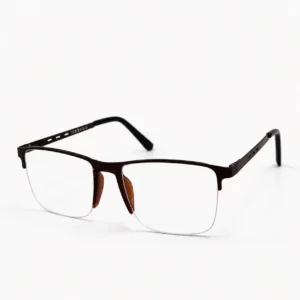 OP-0351 matte dark brown half-rim rectangular metal eyeglasses frame with slotted temples for men & women.
