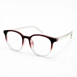 OP-0355 translucent deep wine red to clear gradient round plastic eyeglasses frame with clear temples for men & women.