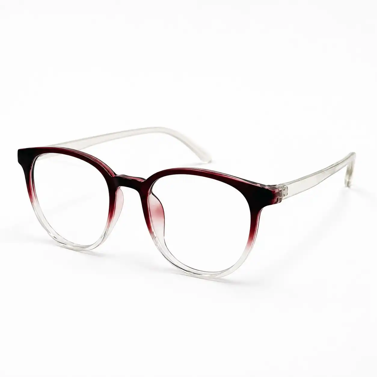 OP-0355 translucent deep wine red to clear gradient round plastic eyeglasses frame with clear temples for men & women.
