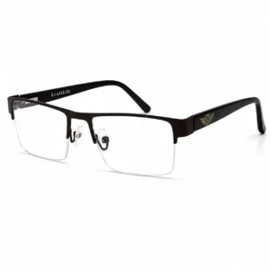 OP-0366 matte black half-rim rectangular metal eyeglasses frame with gold winged temple emblem for men & women.