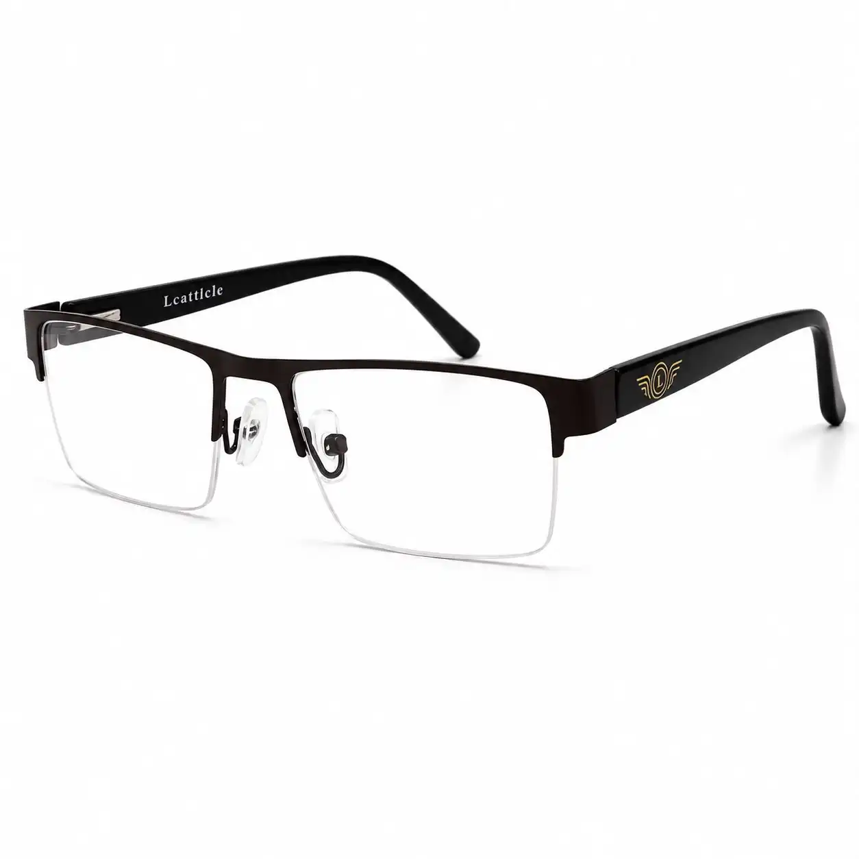 OP-0366 matte black half-rim rectangular metal eyeglasses frame with gold winged temple emblem for men & women.