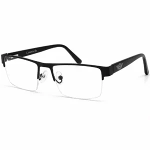 OP-0367 matte black half-rim rectangular metal eyeglasses frame with winged temple logo for men & women.