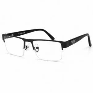 OP-0369 matte black half-rim rectangular metal eyeglasses frame with circular side arm logo for men & women.