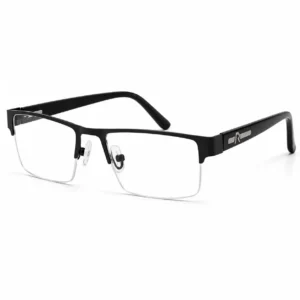 OP-0370 matte black half-rim rectangular metal eyeglasses frame with silver R side arm accent for men & women.