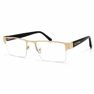 Bring an executive gold finish to your wardrobe with OP-0371 half-rim rectangular frames. Metallic gold brow line featuring gold 'R' side arm details at factory-direct prices.