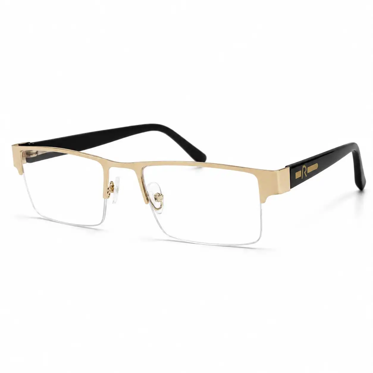 Bring an executive gold finish to your wardrobe with OP-0371 half-rim rectangular frames. Metallic gold brow line featuring gold 'R' side arm details at factory-direct prices.