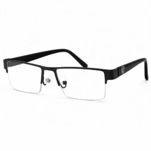 OP-0372 matte black half-rim rectangular metal eyeglasses frame with shield temple logo for men & women.