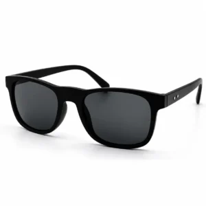 Matte black square plastic sunglasses frame with silver dot temple accents and dark lenses for men and women.