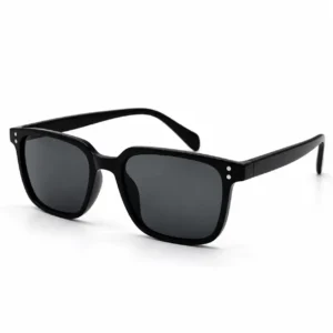 Matte black square plastic sunglasses frame with vertical silver double-dot front accents and dark lenses for men and women.