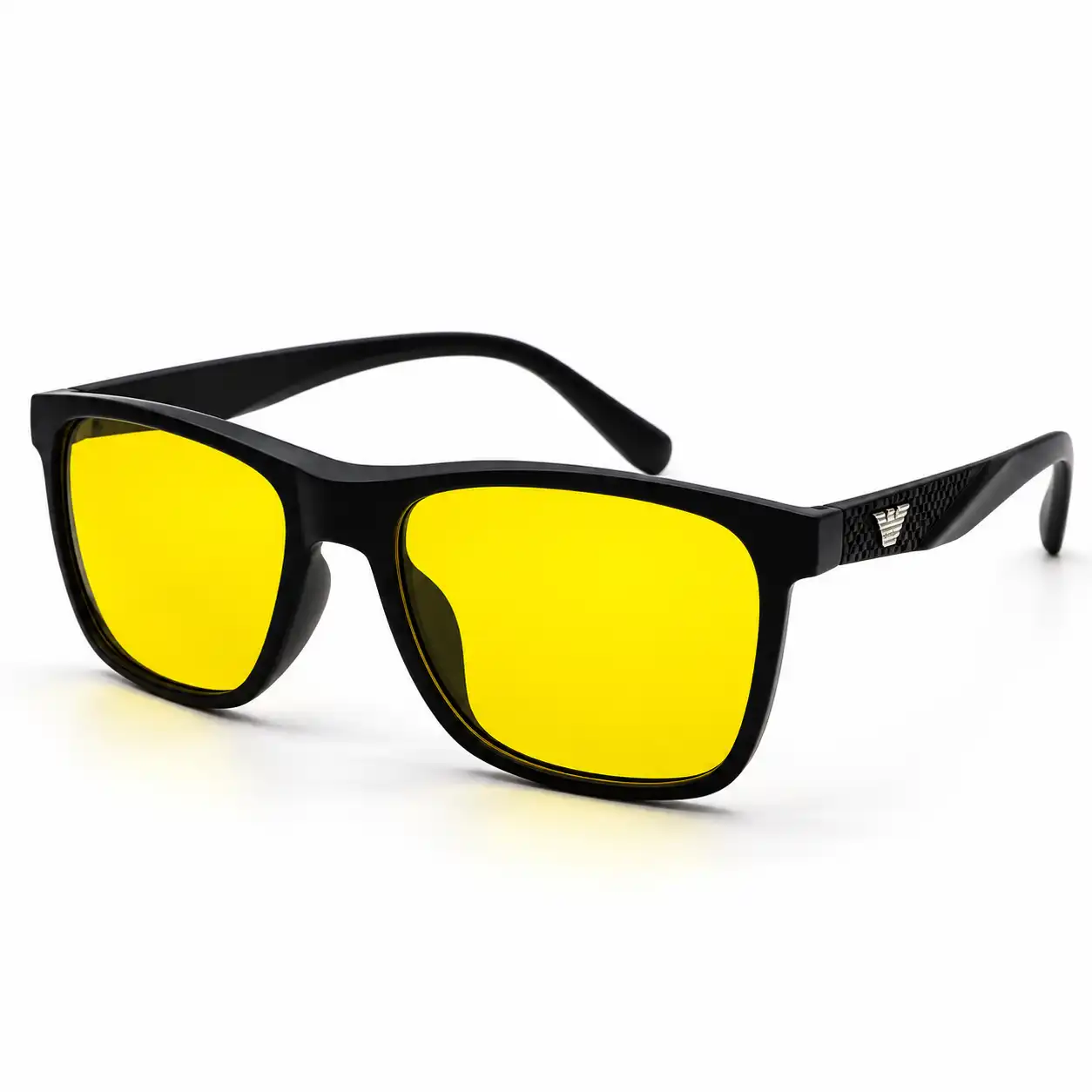 Matte black square plastic sunglasses frame with yellow night vision lenses and silver eagle temple emblem for men and women.
