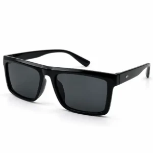 Glossy black square plastic sunglasses frame with silver dot temple accents and dark lenses for men and women.