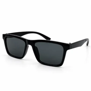 Glossy black square plastic sunglasses frame with smooth minimalist temples and dark lenses for men and women.