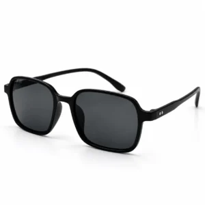 Black square plastic sunglasses frame with vertical double-dot temple rivets and dark lenses for men and women.