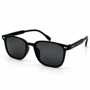 Matte black square plastic sunglasses frame with diamond front studs, double-dot temple rivets, and dark lenses for men and women.