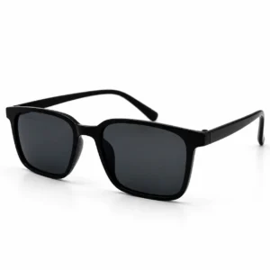 Matte black square plastic sunglasses frame with smooth minimalist temples and dark lenses for men and women.