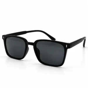 Matte black square plastic sunglasses frame with vertical bar rivets on the front corners and dark lenses for men and women.